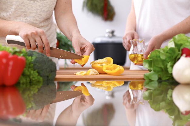 Closeup of two women are cooking in a kitchen. Friends having fun while preparing fresh salad.