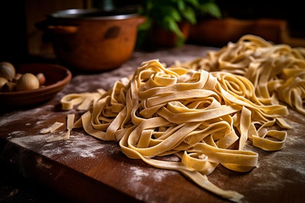 Closeup on a type of handmade pasta called fettuccine left to rest on a wooden cutting board