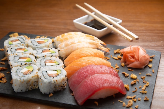 Closeup of typical Japanese sushi on wooden.