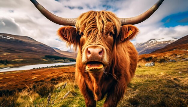 Closeup of the typical Scottish cow AI generated