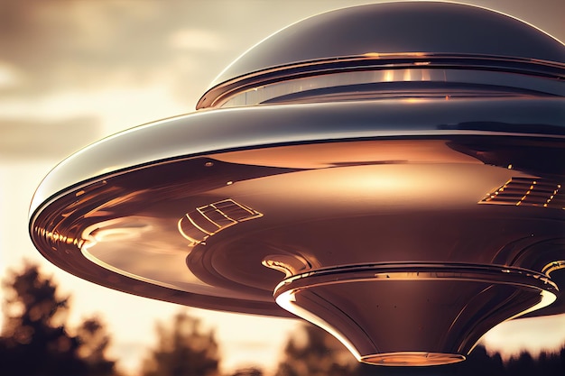 Closeup of ufo with its sleek and shiny exterior reflecting the sunlight created with generative ai