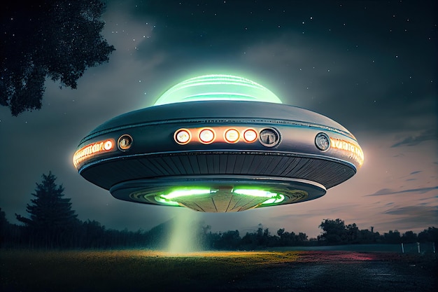 조명과 창문이 보이는 ufo의 근접 촬영