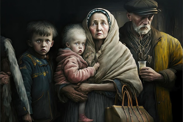 Closeup of Ukrainian family before leaving Ukrainian war concept Terrible concept Generative AI