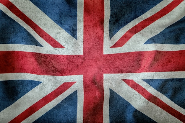 ユニオンジャックの旗のクローズアップ英国の旗英国のユニオンジャックの旗が風に吹かれて
