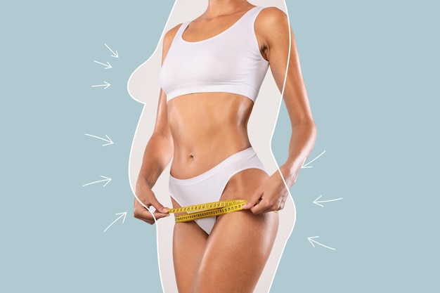 Photo closeup of unrecognizable lady measuring hip with yellow tape