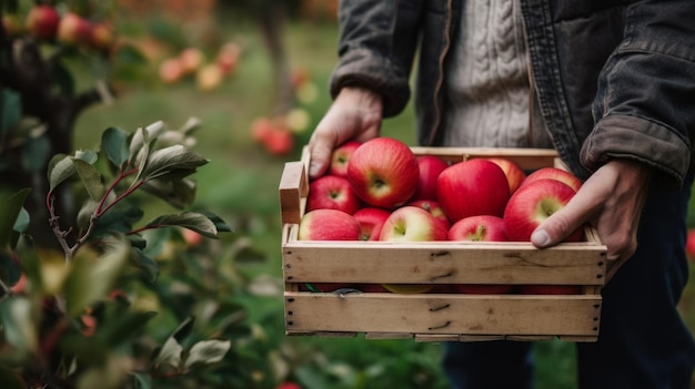 Closeup of unrecognizable man holding a box with apples in orchard Generative AI