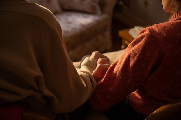 Closeup of unrecognizable social care worker and disabled patient in wheelchair holding hands ar c