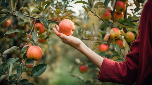 Closeup of unrecognizable woman picking red apples from a tree Generative AI