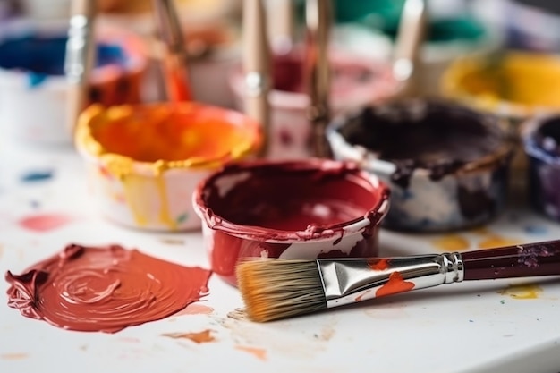 Крупный план использованных красочных акварельных красок и кистей Высококачественное фото