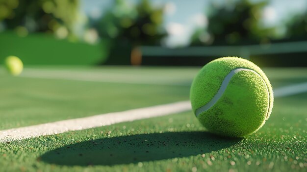 Closeup of a used tennis ball on a green tennis court with a blurred background The ball is in focus and has a slightly worn appearance