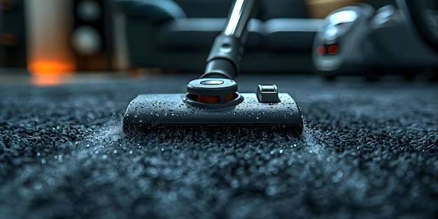 Closeup of a vacuum cleaner head in action on a carpet during housework service Concept House Cleaning Vacuuming Carpets Household Chores Cleaning Equipment Home Maintenance