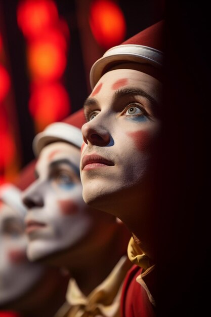 Foto closeup van de gezichten van artiesten in een circus show generatieve ai