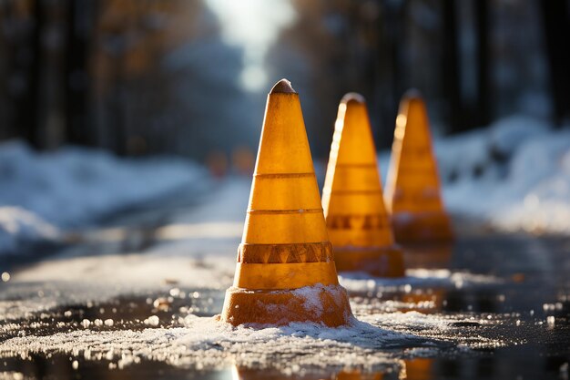 CloseUp van drie glanzende verkeerskegels op een wintermiddag