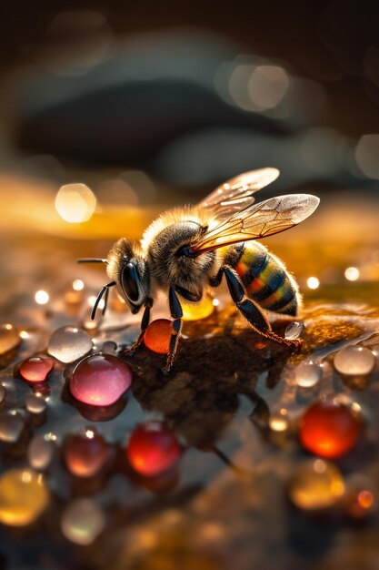 CloseUp van een bij tussen reflecterende druppels gegenereerd door AI