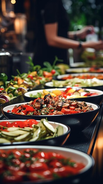 CloseUp van een gevarieerd buffet met kleurrijk vlees, fruit en groenten Gastronomisch genot