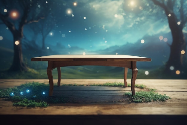 CloseUp van een lege houten tafel in een fantasie droomwereld