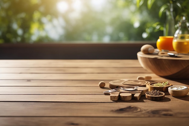 CloseUp van een lege houten tafel te midden van innovatie op het gebied van gezondheid en welzijn