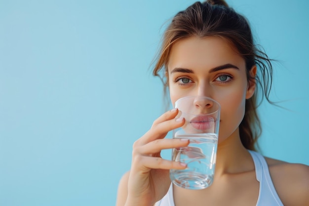 Foto closeup van glimlachende fitnessliefhebber die water drinkt