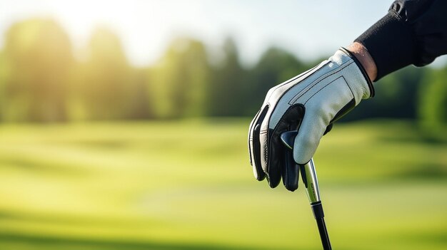Foto closeup van gloved hand holding golf club in de open lucht
