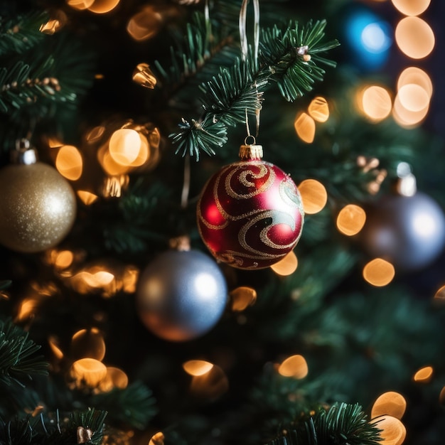 CloseUP van kerstboom rode en gouden ornamenten tegen een intreepupil lichten achtergrond