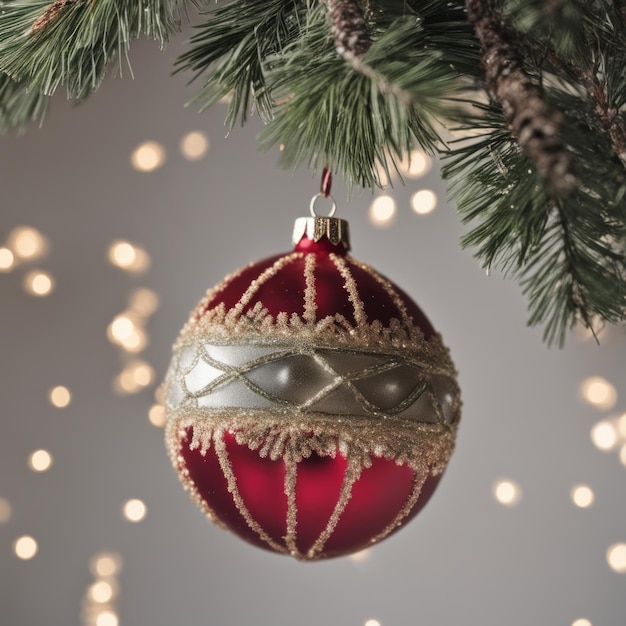 CloseUP van kerstboom rode ornamenten tegen een intreepupil lichten achtergrond