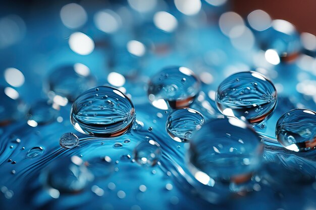 CloseUp van Water Druppels op een blauw oppervlakWaterdruppels op blauwe achtergrondWaterdrukkers op blauw