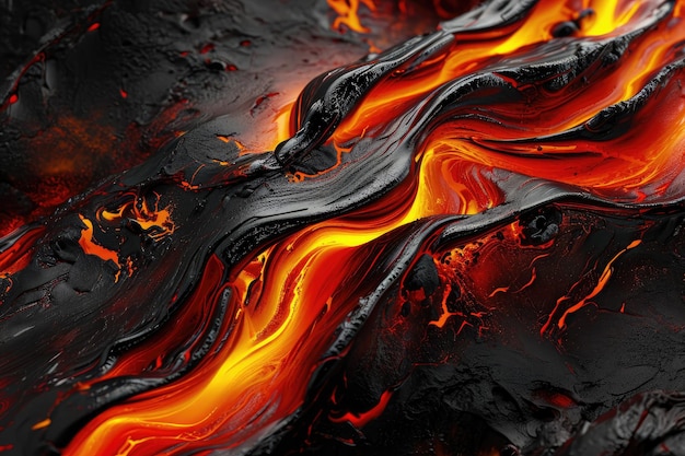 CloseUp van zwart en rood vuur Intrigerende combinatie van vurige kleuren Een 3D-afbeelding van lavastromen in een overwegend rood en zwart palet AI gegenereerd