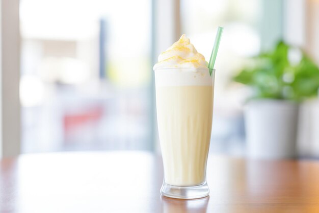 Closeup of vanilla shake with whipped cream topping