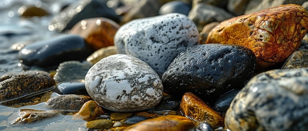 Closeup of varied pebbles gleaming in sunlight by the sea