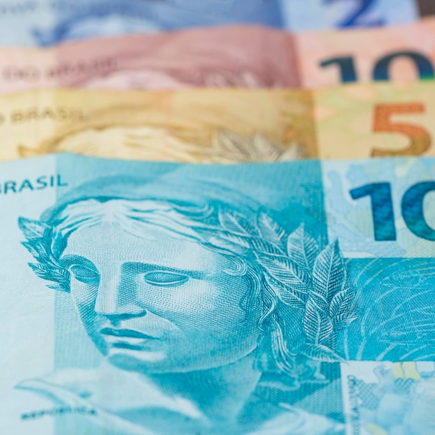 Closeup of varied values of Brazilian money Economy of Brazil concept image