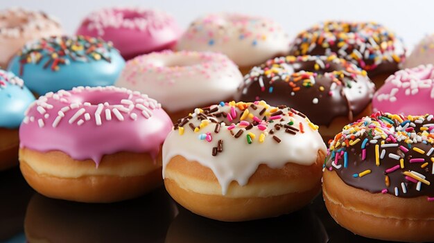 Closeup of variety of glazed delicious coloured donuts with colourful sprinkles Generative AI