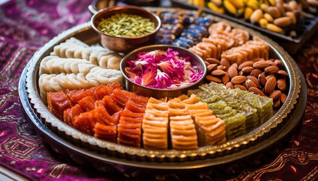 A closeup of a variety of traditional Nowruz sweets and pastries