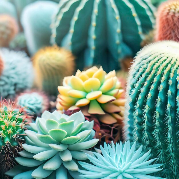 closeup various cactus plants in garden