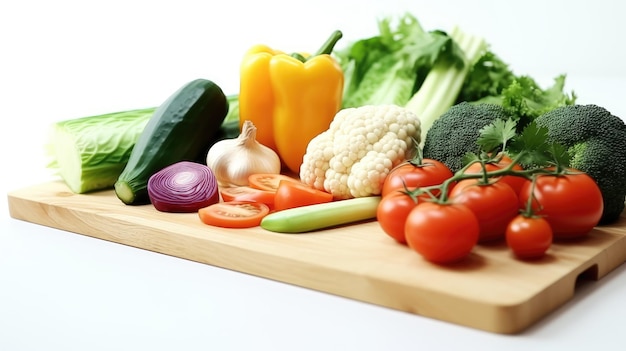 closeup of various fresh and tasty vegetables on a wooden cutting board white background