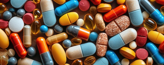 Photo closeup of various pharmaceutical pills and capsules spread out highlighting the range of modern med