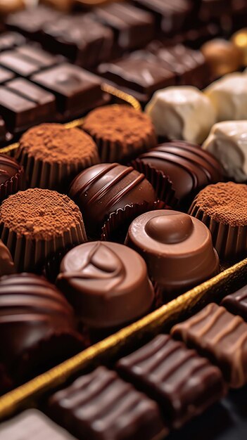 A closeup of various types of chocolates on a table