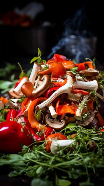 A closeup of various wild mushrooms generated by AI