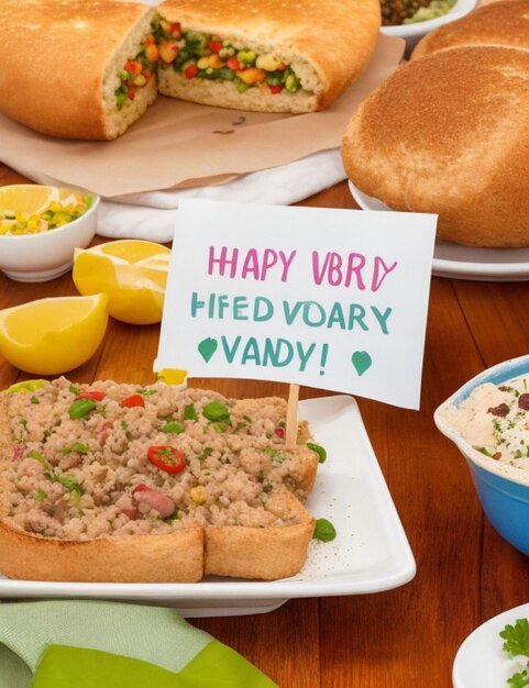 Photo a closeup of a veganfriendly meal with a banner in the background reading happy world veganism