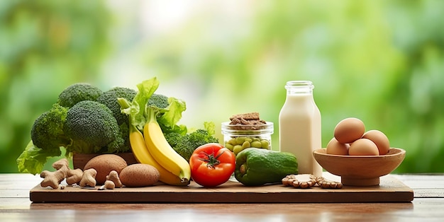 Крупный план овощей, фруктов и мяса на деревянном столе на зеленом естественном фоне Генеративный AI
