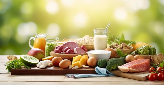 Closeup of vegetables fruits and meat on wooden table over green natural background Generative AI