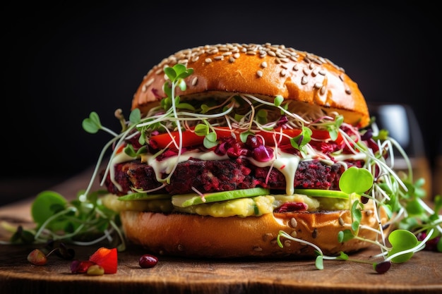 Closeup of vegetarian burger with microgreens on wooden table Generative AI