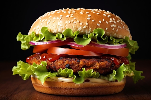 Foto close-up di un hamburger vegetariano con maionese chipotle