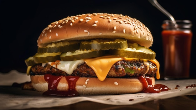 Closeup of veggie burger with pickles ketchup