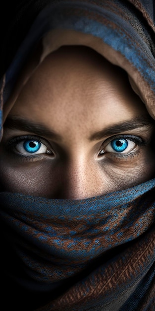 closeup of a veiled woman with blue eyes, creative ai