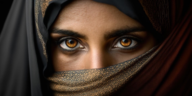 closeup of a veiled woman with gold eyes, creative ai