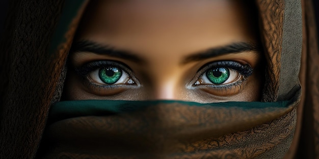 녹색 눈, 창의적인 인공 지능을 가진 가려진 여자의 근접 촬영