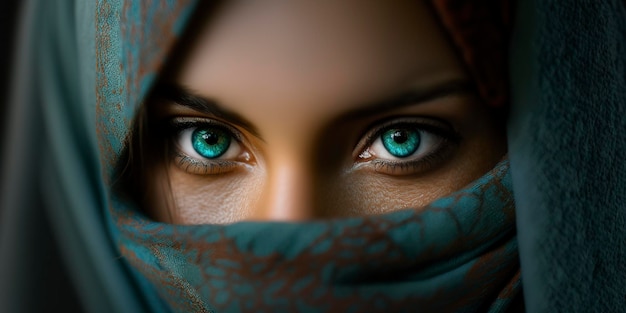 closeup of a veiled woman with spectrum eyes, creative ai