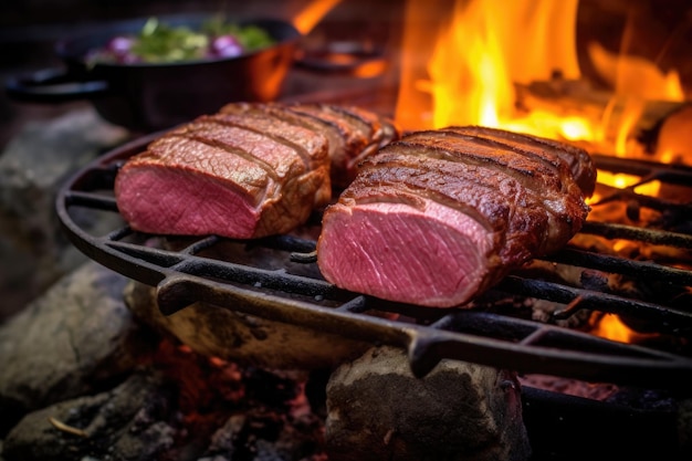 Closeup of venison steaks on a campfire grill created with generative ai