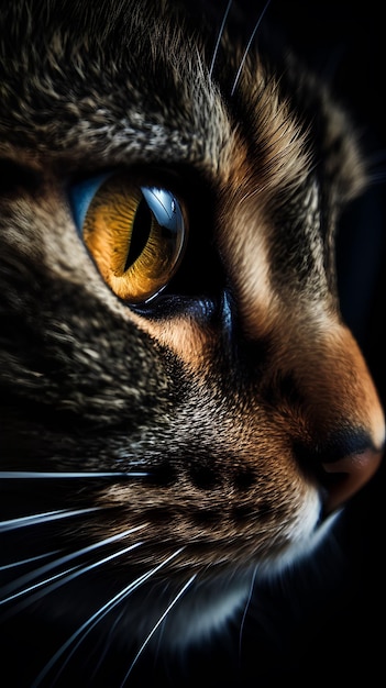 큰 눈을 가진 귀여운 고양이 초상화의 근접 촬영 세로 샷