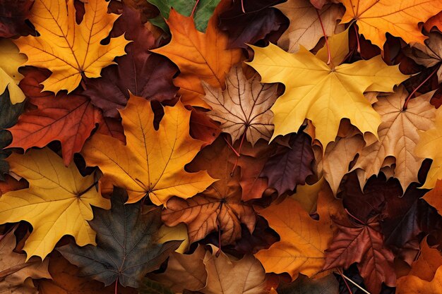 Closeup vertical shot of yellow leaves fallen on the ground with blurred trees in the background